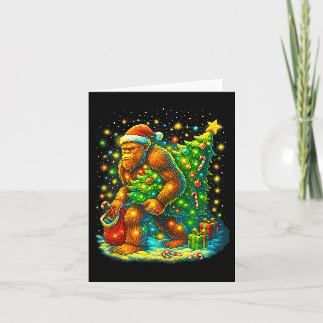 Santa Bigfoot Christmas Tree Funny Sasquatch Xmas  Card (Front)