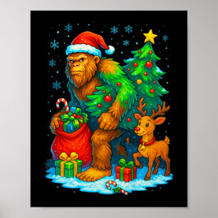 Santa Bigfoot Christmas Tree Reindeer Funny Sasqua Poster