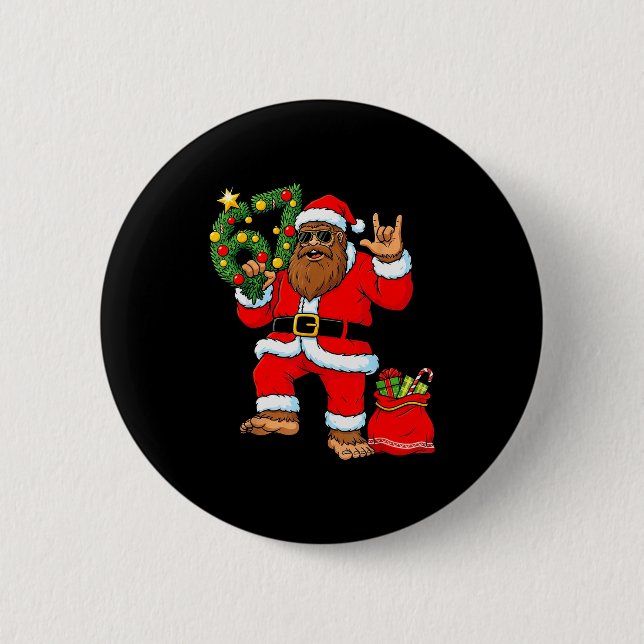 Santa Bigfoot Christmas Tree Sasquatch 67 Six Seve Button (Front)