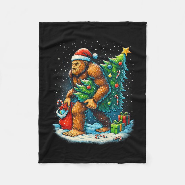 Santa Bigfoot Christmas Tree Sasquatch Xmas Lights Fleece Blanket (Front)