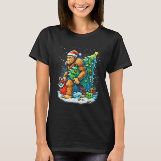 Santa Bigfoot Christmas Tree Sasquatch Xmas Lights T-Shirt (Front)