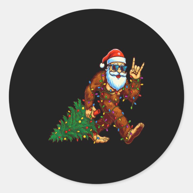Santa Bigfoot Christmas Tree Xmas Funny Christmas  Classic Round Sticker (Front)