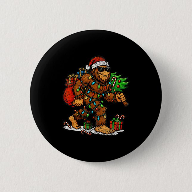 Santa Bigfoot Christmas Tree Xmas Lights Funny Sas Button (Front)