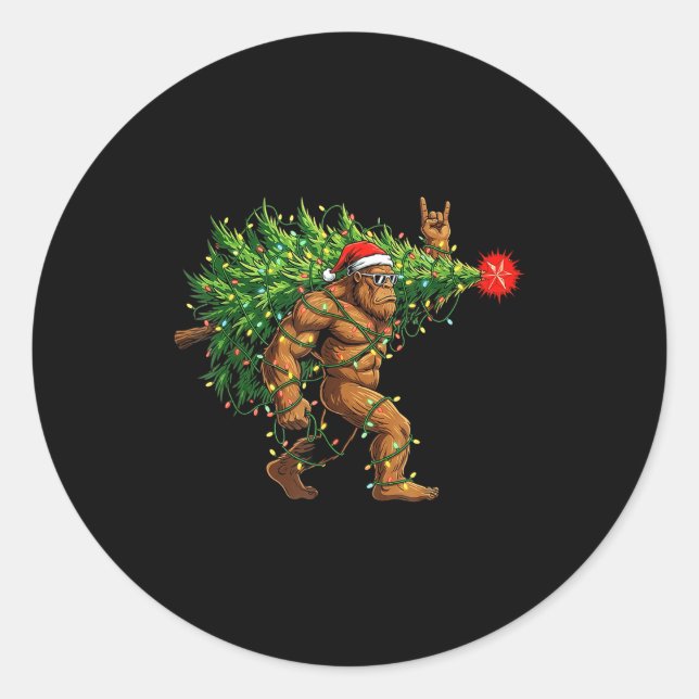 Santa Bigfoot Christmas Tree Xmas Lights Funny Sas Classic Round Sticker (Front)
