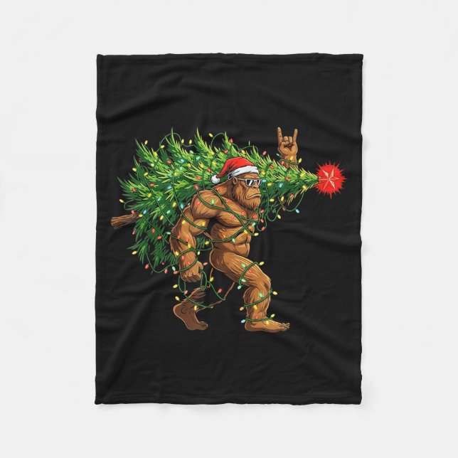 Santa Bigfoot Christmas Tree Xmas Lights Funny Sas Fleece Blanket (Front)