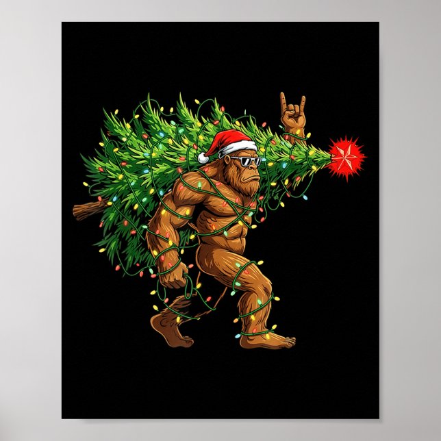 Santa Bigfoot Christmas Tree Xmas Lights Funny Sas Poster (Front)