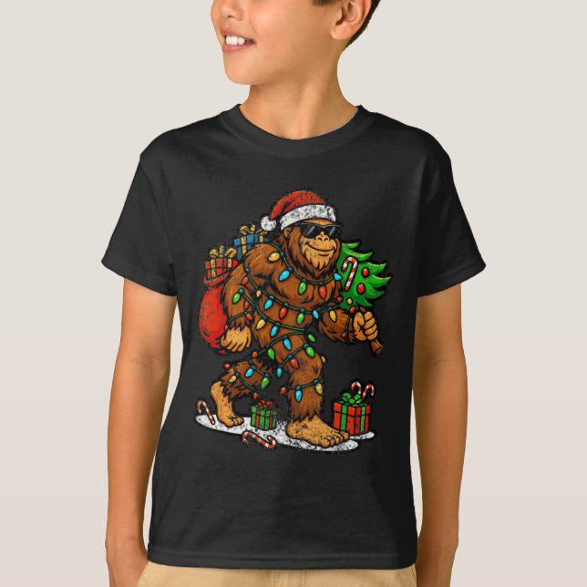Santa Bigfoot Christmas Tree Xmas Lights Funny Sas T-Shirt (Front)