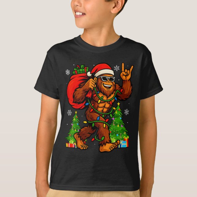 Santa Bigfoot Christmas Tree Xmas Lights Funny Sas T-Shirt (Front)