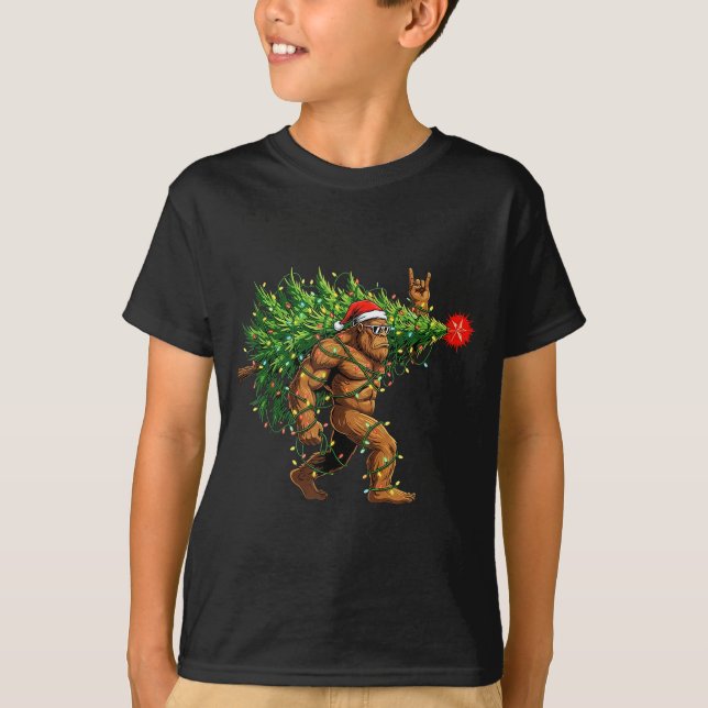 Santa Bigfoot Christmas Tree Xmas Lights Funny Sas T-Shirt (Front)