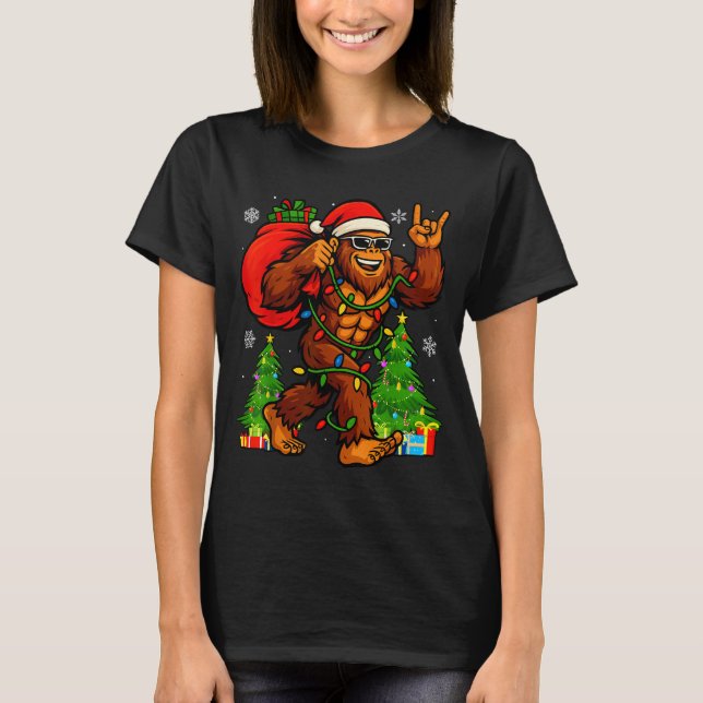 Santa Bigfoot Christmas Tree Xmas Lights Funny Sas T-Shirt (Front)