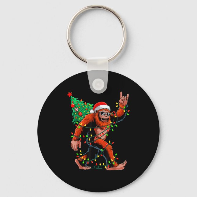 Santa Bigfoot Christmas Tree Xmas Lights Sasquatch Keychain (Front)