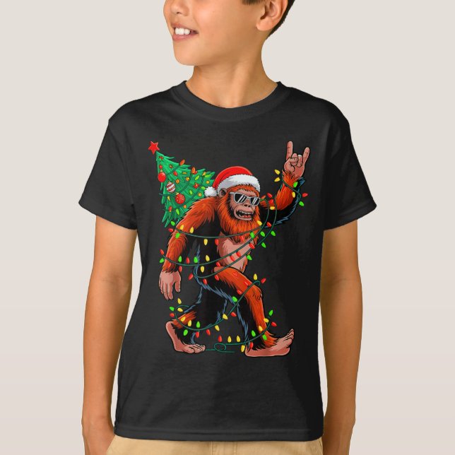 Santa Bigfoot Christmas Tree Xmas Lights Sasquatch T-Shirt (Front)