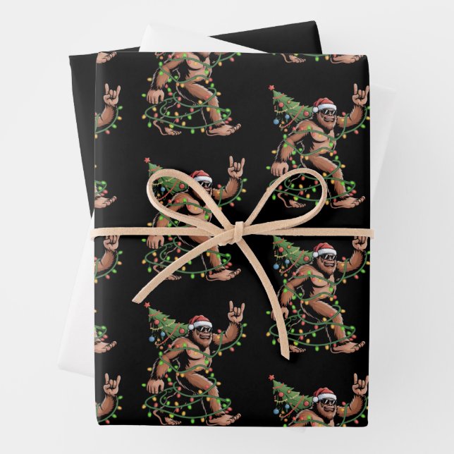 Santa Bigfoot Christmas Tree Xmas Lights Sasquatch Wrapping Paper Sheets (In situ)