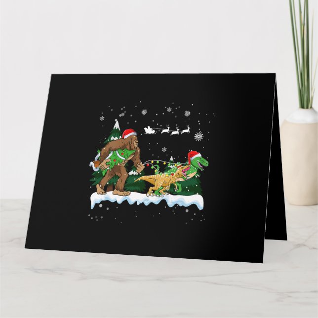 Santa Bigfoot Taking Dinosaur Merry Christmas For  Card (Front)