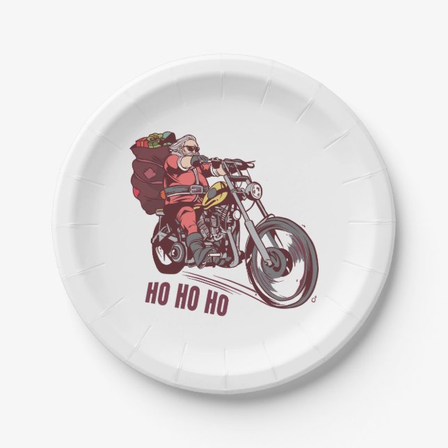 Santa Biker Christmas Costume for Bikers Invitatio Paper Plates (Front)
