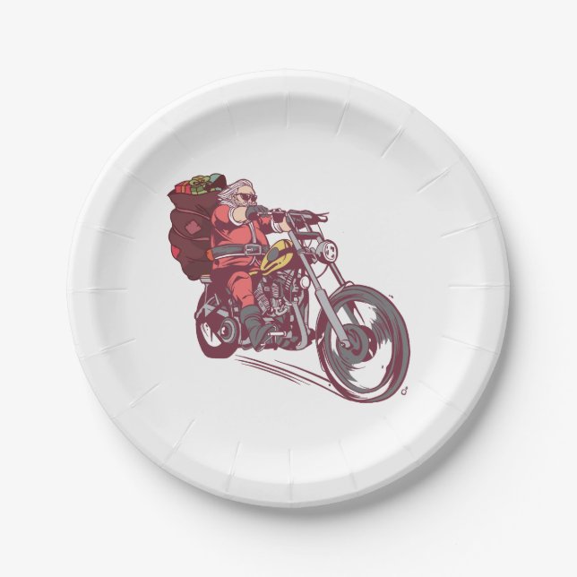 Santa Biker Christmas Costume for Bikers Invitatio Paper Plates (Front)