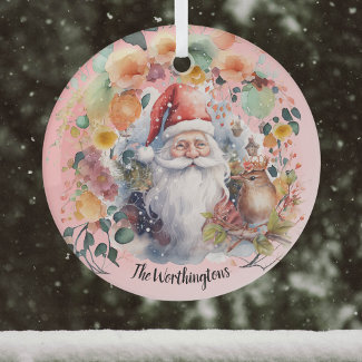 Santa Birds and Flowers on Light Red Name Monogram