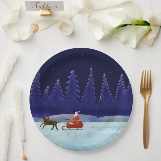 Santa birthday reindeer sledge Christmas Night Paper Plates (Wedding)