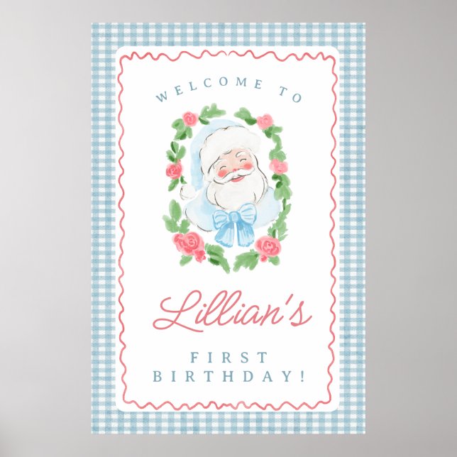 Santa Birthday Sign with Blue Gingham and Roses (Front)