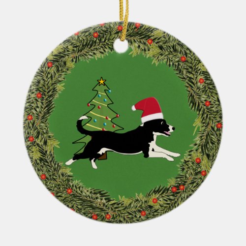 Santa Black and White Cartoon Dog Ceramic Ornament