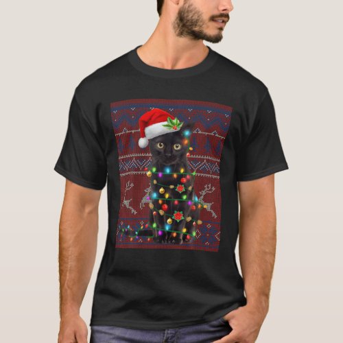 Santa Black Cat Christmas Tree Light Pajama X_Mas T_Shirt