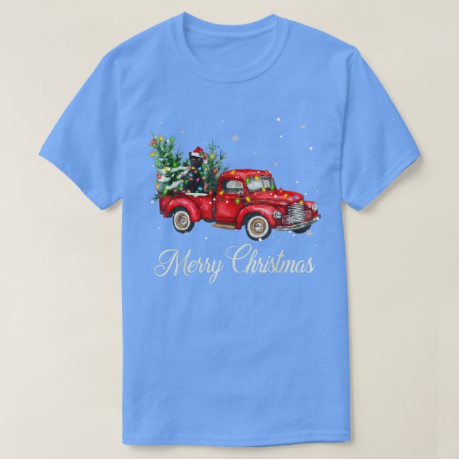 Santa Black Cat Riding Red Truck Xmas Tree Lights  T-Shirt (Design Front)