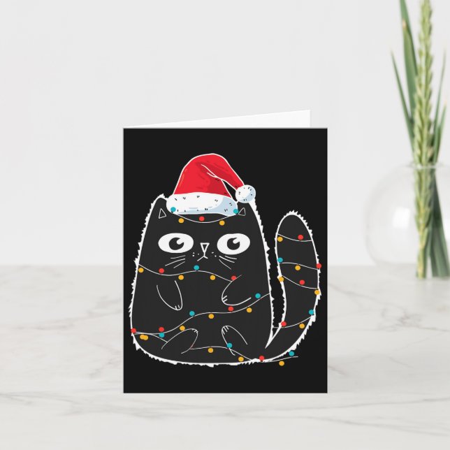 Santa Black Cat Tangled Up In Christmas Cat Lover  Card (Front)