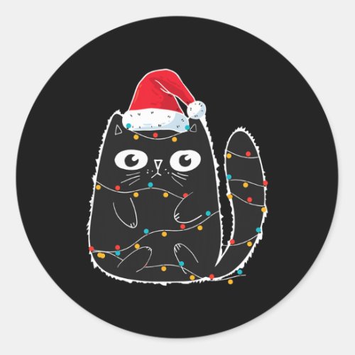 Santa Black Cat Tangled Up In Christmas Cat Lover  Classic Round Sticker
