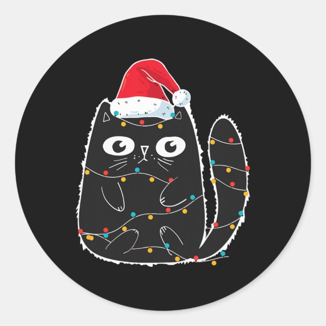 Santa Black Cat Tangled Up In Christmas Cat Lover  Classic Round Sticker (Front)