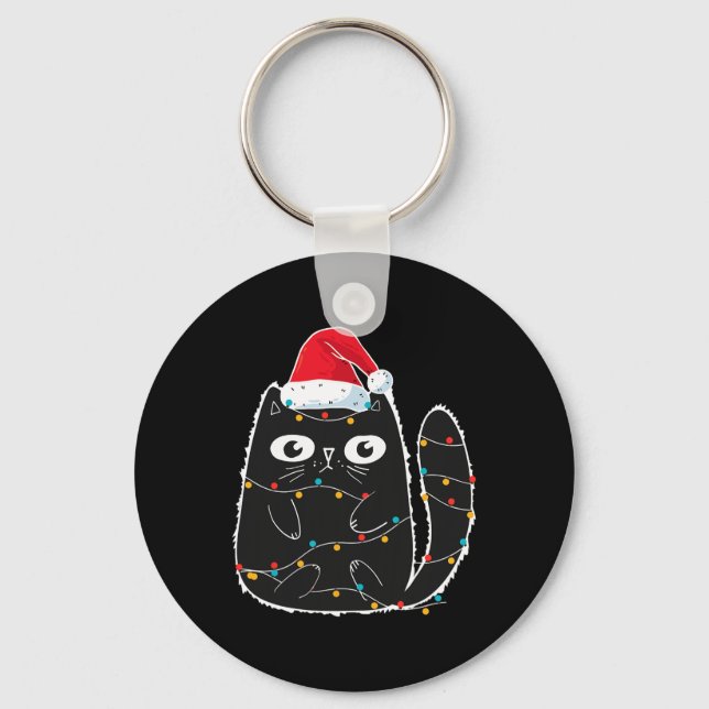 Santa Black Cat Tangled Up In Christmas Cat Lover  Keychain (Front)