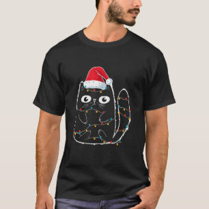 Santa Black Cat Tangled Up In Christmas Cat Lover T-Shirt