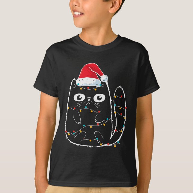 Santa Black Cat Tangled Up In Christmas Cat Lover  T-Shirt (Front)