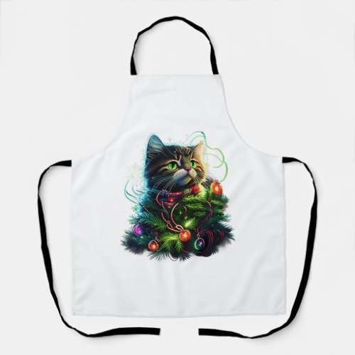 Santa Black Cat Tangled Up In Christmas Tree Light Apron