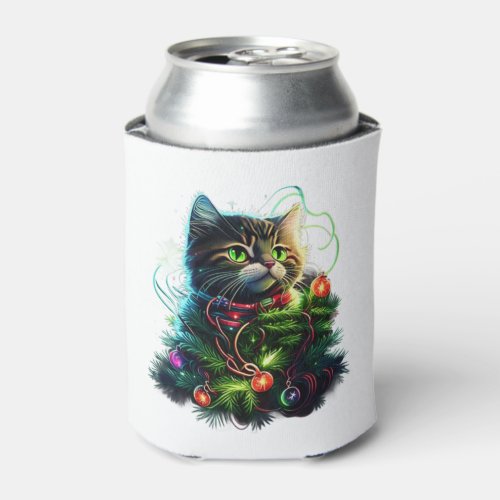 Santa Black Cat Tangled Up In Christmas Tree Light Can Cooler