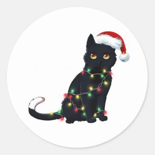 Santa Black Cat Tangled Up In Christmas Tree Light Classic Round Sticker