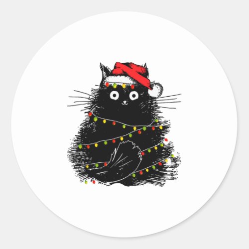 santa black cat tangled up in christmas tree light classic round sticker