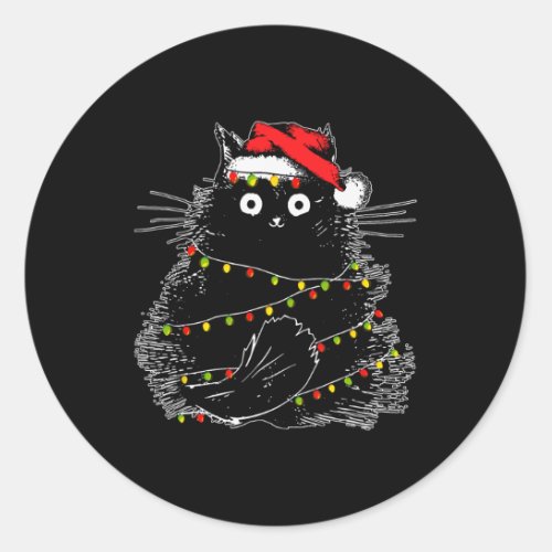 Santa Black Cat Tangled Up In Christmas Tree Light Classic Round Sticker