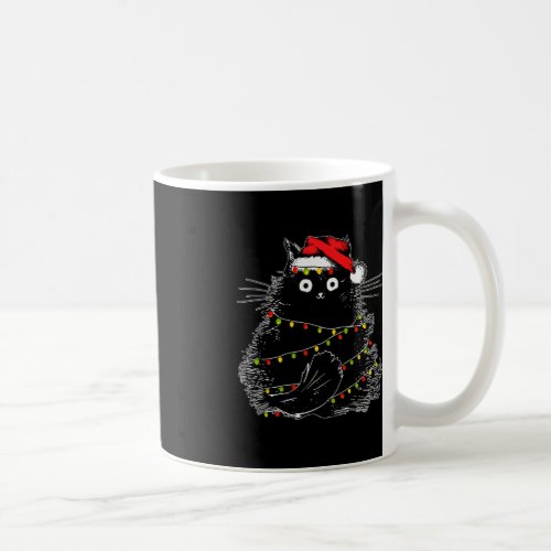 Santa Black Cat Tangled Up In Christmas Tree Light Coffee Mug