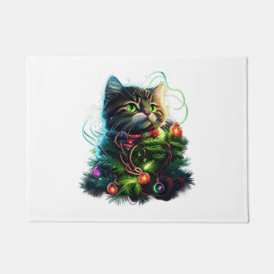 Santa Black Cat Tangled Up In Christmas Tree Light Doormat