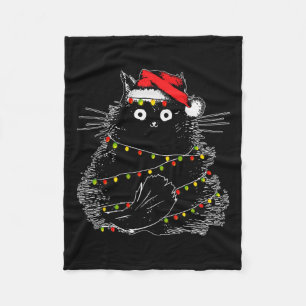Santa Black Cat Tangled Up In Christmas Tree Light Fleece Blanket