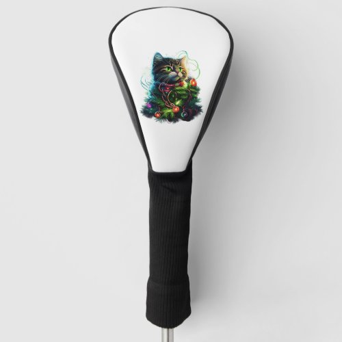 Santa Black Cat Tangled Up In Christmas Tree Light Golf Head Cover