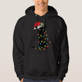 Santa Black Cat Tangled Up In Christmas Tree Light Hoodie
