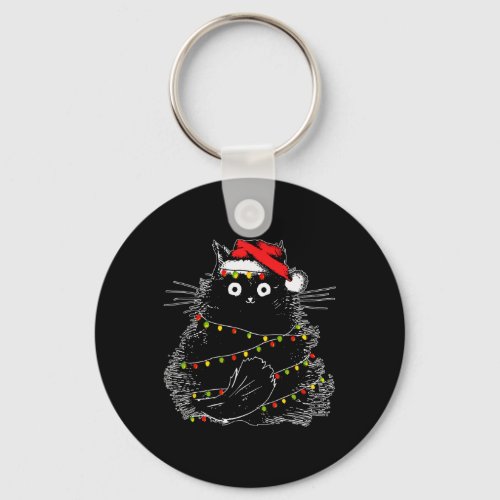 Santa Black Cat Tangled Up In Christmas Tree Light Keychain