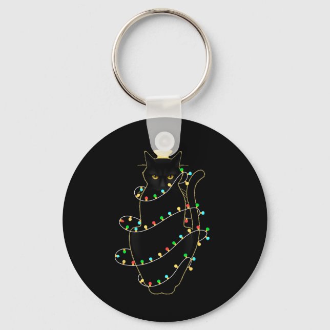 Santa Black Cat Tangled Up In Christmas Tree Light Keychain (Front)
