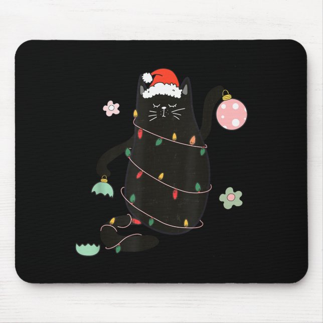 Santa Black Cat Tangled Up In Christmas Tree Light Mouse Pad (Front)