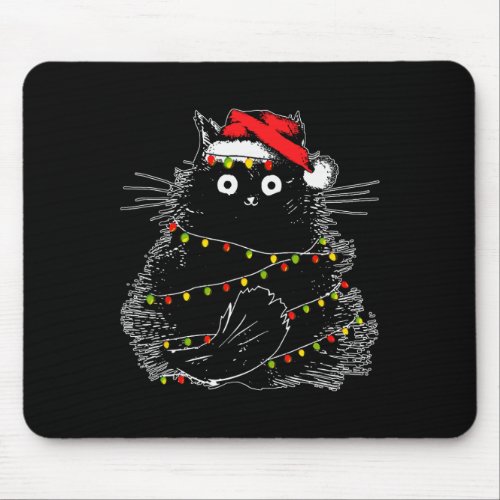 Santa Black Cat Tangled Up In Christmas Tree Light Mouse Pad