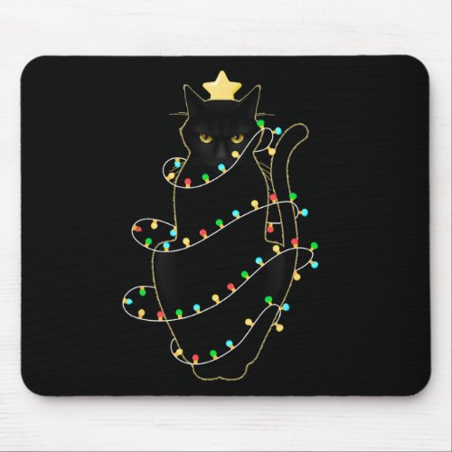 Santa Black Cat Tangled Up In Christmas Tree Light Mouse Pad