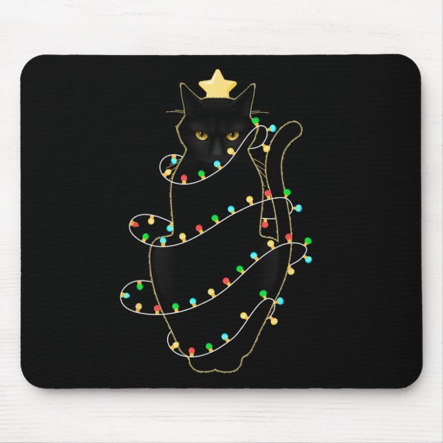 Santa Black Cat Tangled Up In Christmas Tree Light Mouse Pad (Front)