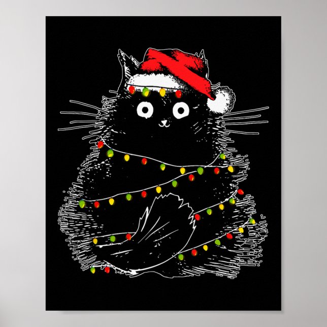Santa Black Cat Tangled Up In Christmas Tree Light Poster (Front)