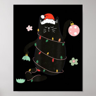 Santa Black Cat Tangled Up In Christmas Tree Light Poster